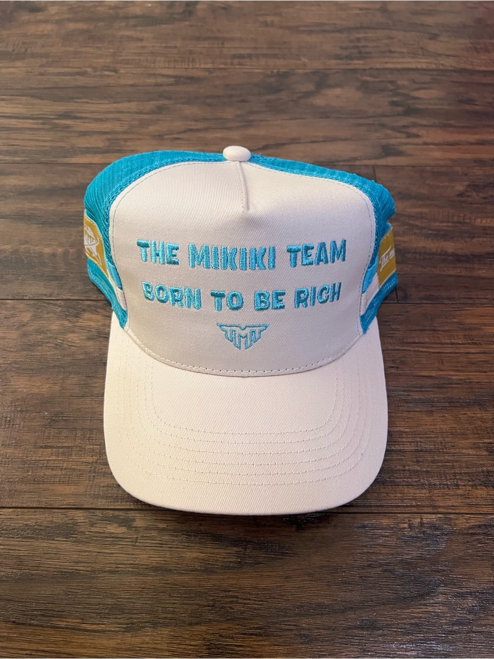 The Mikiki Team "Born to Be Rich" White & Teal Trucker Hat